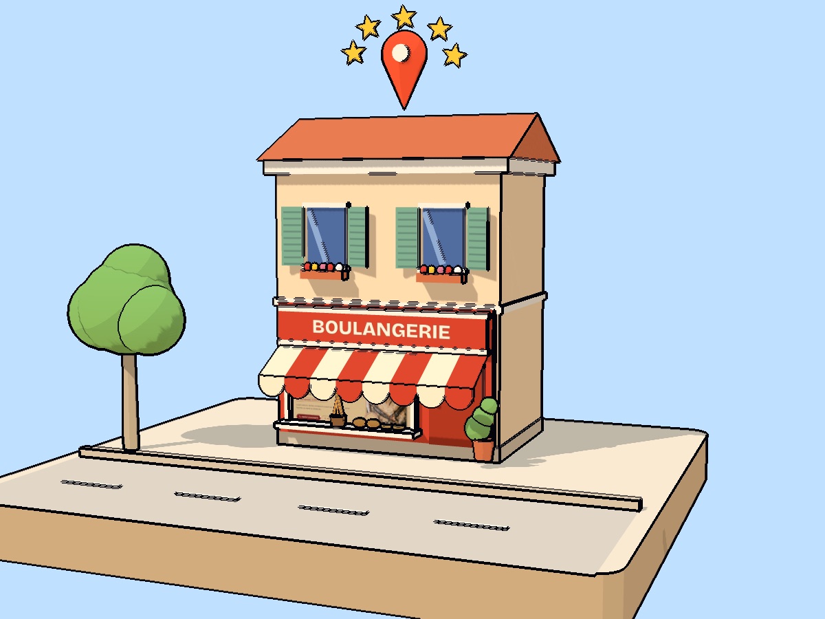 Une petite boutique dessinée, avec son store rayé et son enseigne