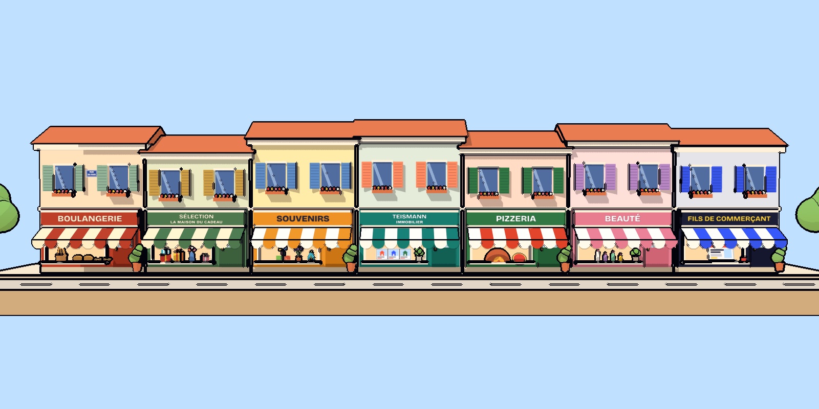 Une rue de sept boutiques dessinées : la boulangerie de la rue du Four, Sélection la Maison du Cadeau, la boutique de souvenirs, l’agence Teismann Immobilier, la pizzeria, l’institut de beauté et Fils de Commerçant